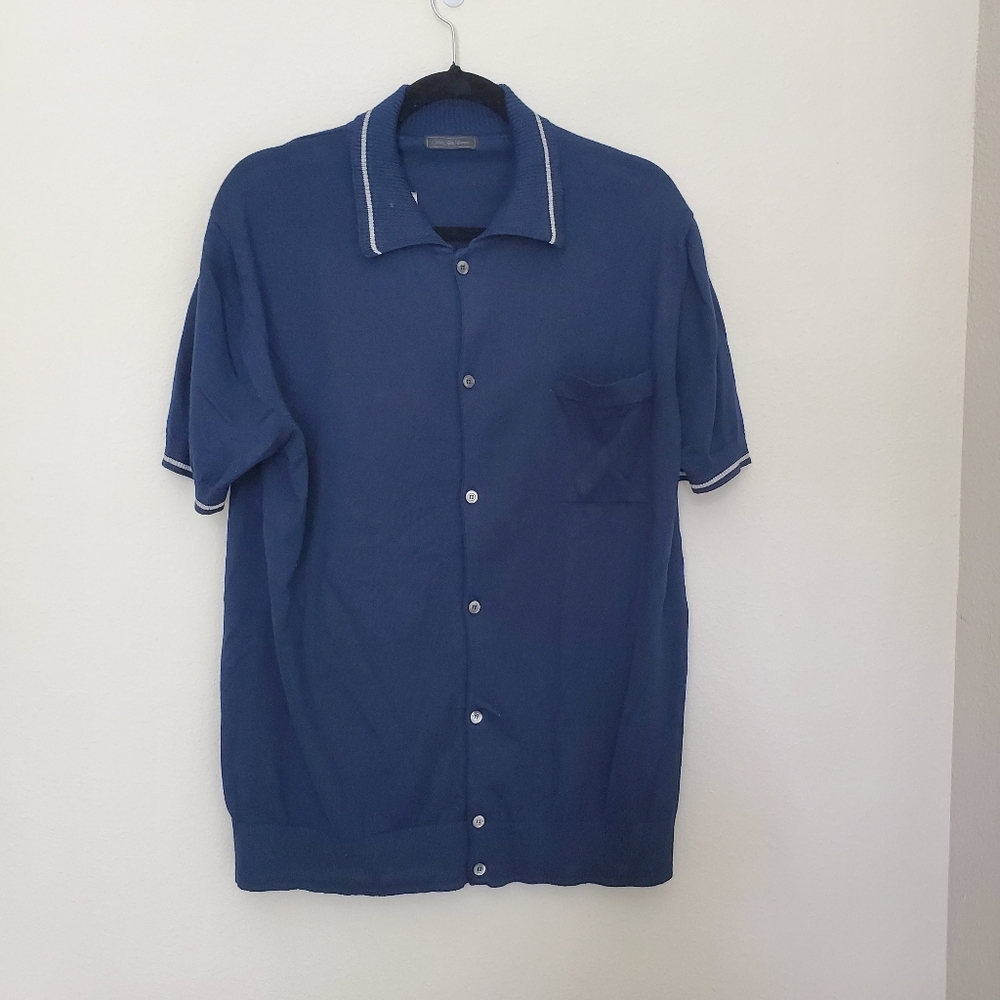 Saks Fifth Avenue Knit Full-Button Placket Polo with Tipped Color Large NWT